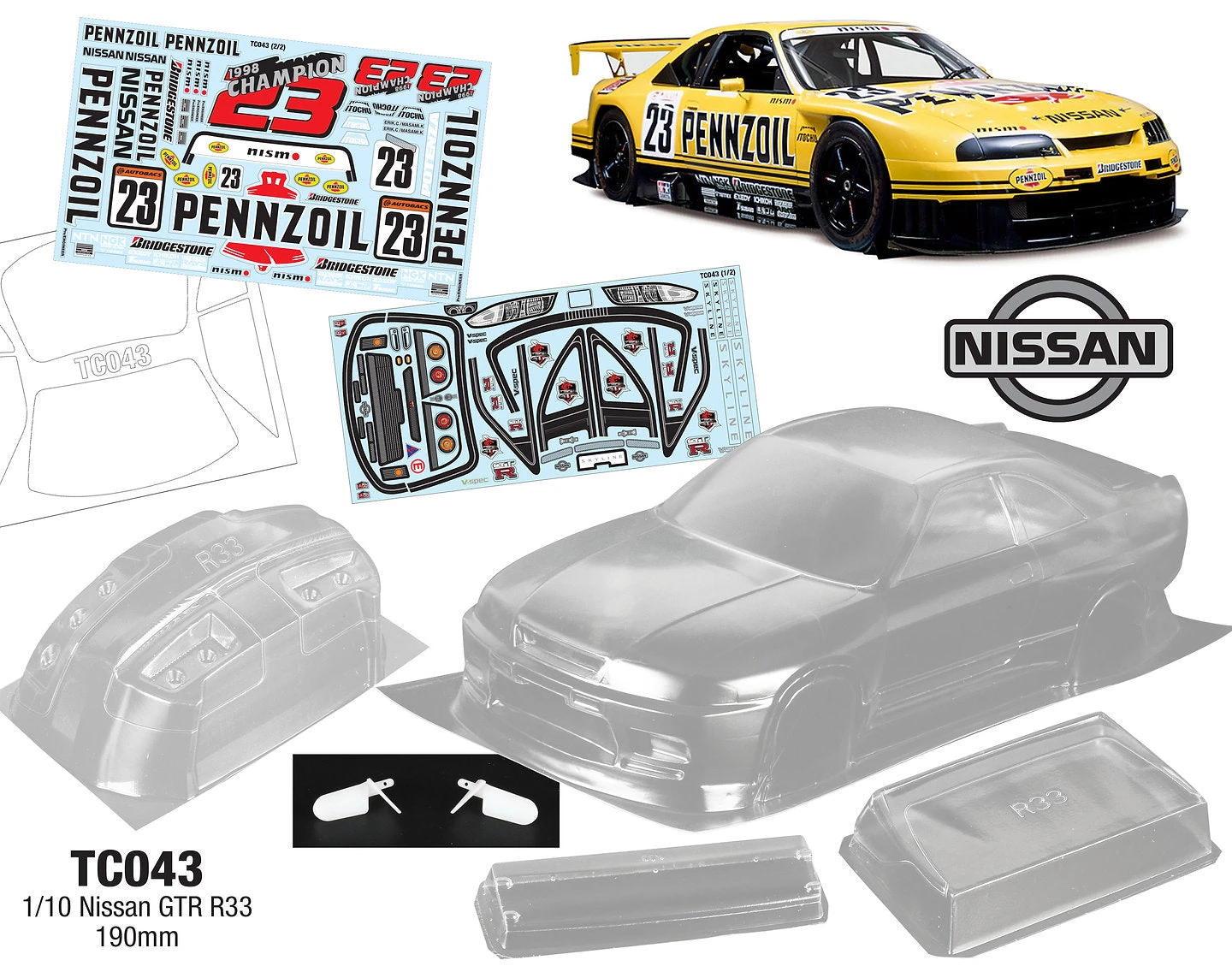 TC043 1/10 Nissan GTR R33 Pennzoil, 190mm Tamiya TT01 TT02 HPI Kyosho Drift MST 1 TC043 1/10 Nissan GTR R33 Pennzoil, 190mm Tamiya TT01 TT02 HPI Kyosho Drift MST
